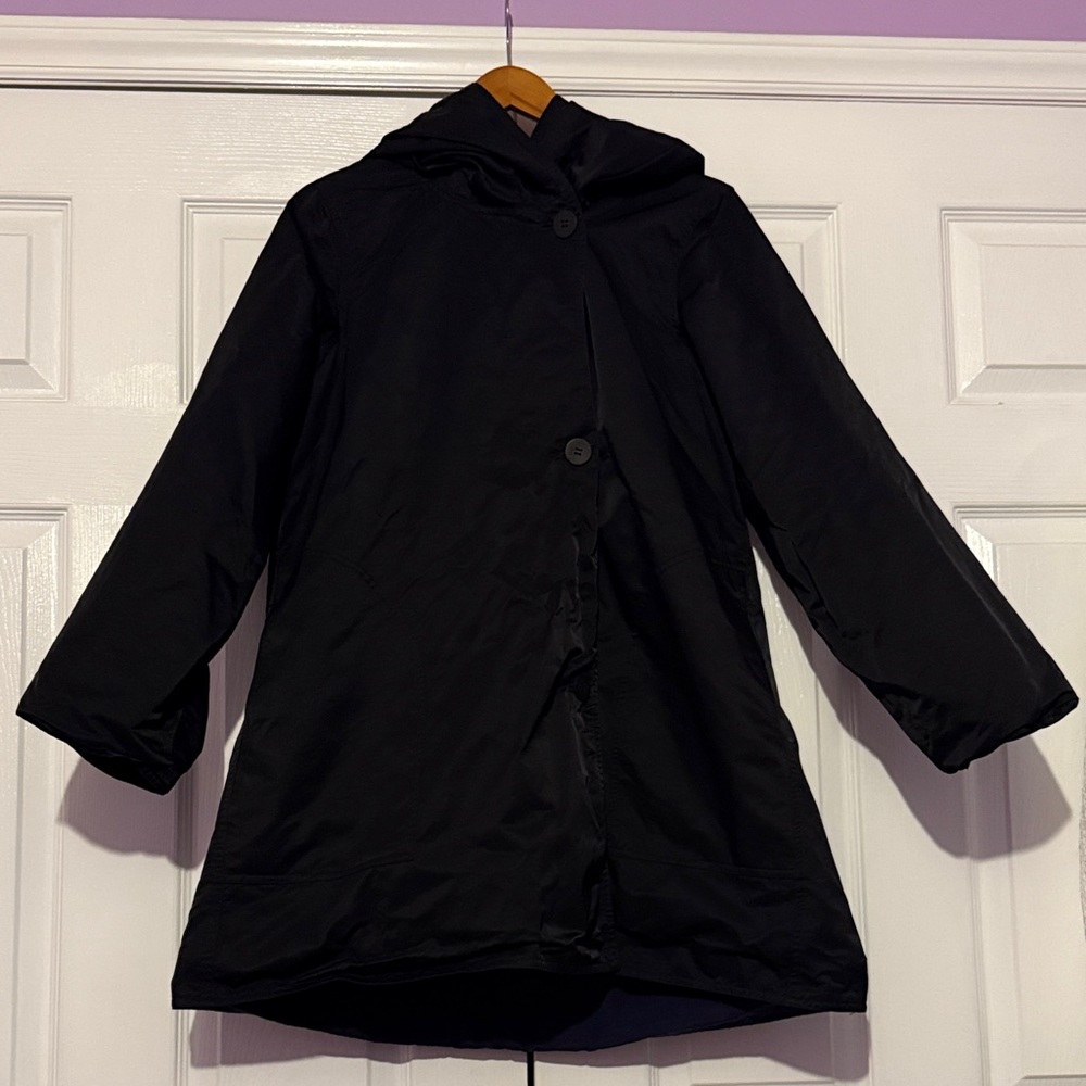 Eileen Fisher Reversible Women's Black And Blue Hooded Rain Coat Trench Coat Pl